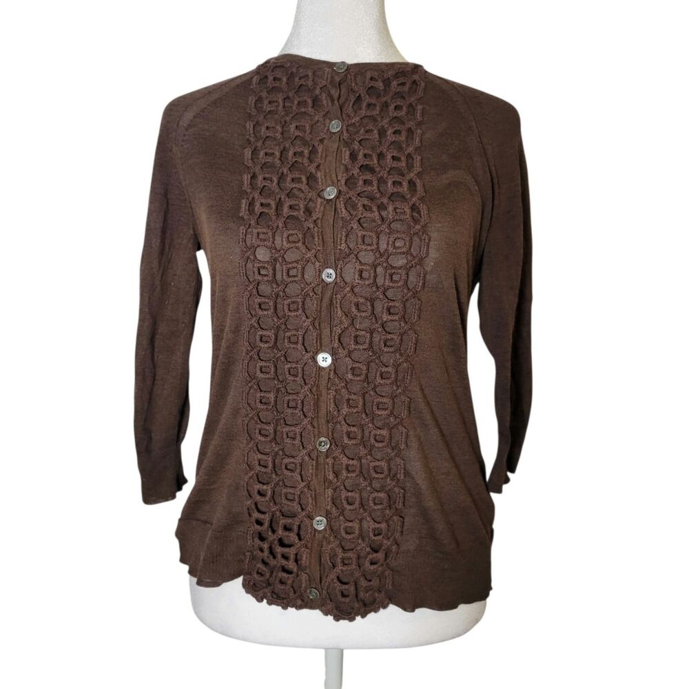 Tory Burch Brown Silk Cashmere Cardigan Crochet Panel M Boho Quiet Luxury Earthy